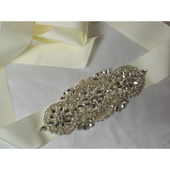 Rhinestone wedding dress belt sash, rhinestone applique ivory bridal sash belt, - Picture 1 of 7